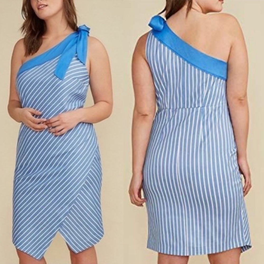 GLAMOUR X LANE BRYANT STRIPED ONE SHOULDER BOW ASYMMETRIC DRESS